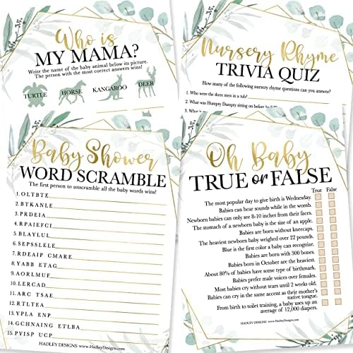 Hadley Designs 25 Greenery Word Scramble For Baby Shower, 25 True Or False Game, 25 Baby Animal Matching, 25 Nursery Rhyme Game - 4 Double Sided Cards Baby Shower Ideas, Baby Shower Party Supplies by HadleyDesigns
