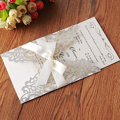 Hosmsua 20x Laser Cut Lace Flora Wedding Invitation Cards with Ribbon Bow and Envelopes 5.12 x 7.3'' Invitation for Bridal Shower Engagement Birthday Graduation Party 20pcs (Sliver Glitter) - Image 4
