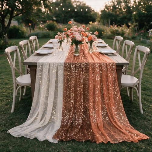 Artoid Mode 6PC Beige Caramel Orange Gauze Table Runner 120 Inch 10FT, Glitter Metallic Foil Sheer for Wedding Anniversary Holiday Birthday Home Party Decor - Image 4