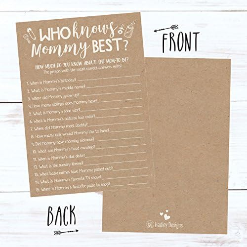 Hadley Designs Hilarious Baby Shower Games Set – 25 Who Knows Mommy Best Baby Shower Game, Gender Neutral and Fun for Boys & Girls (Rustic) (Pack of 2) - Image 3