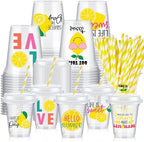 FoldTier 60 Set Lemon Party Cups, 14 oz with Lids and Straws by FoldTier
