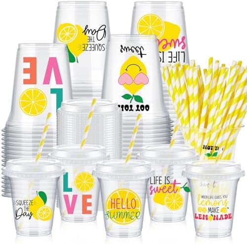 FoldTier 60 Set Lemon Party Cups, 14 oz with Lids and Straws by FoldTier