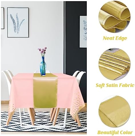 16Pack Disposable Plastic Tablecloths and Satin Table Runner Set Pink and Gold Dot Tablecloth Gold Satin Table Runner for Wedding Birthday Baby Shower Anniversary Christmas New Year Party Supplies - Image 3