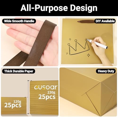 EUSOAR Paper Bags with Handles, 25pcs 12.5"x4.5"x11" Large Gold Gift Bags Bulk, Merchandise Retail Paper Shopping Wrapping Bags for Business, Craft Grocery, Boutique, Party Favor, Wedding - Image 3