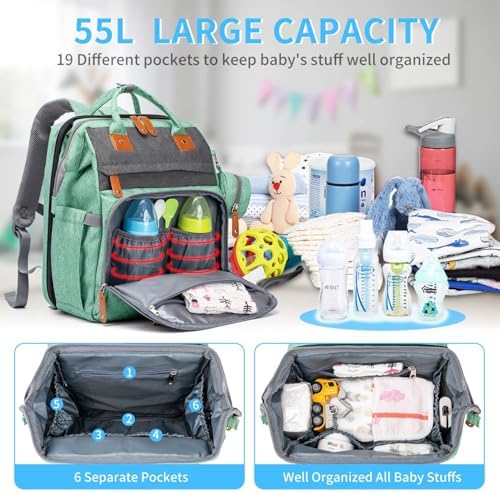 KABAQOO Diaper Bag Backpack with Detachable Changing Station, Large Capacity Baby Diaper Bags for Boys & Girls, Baby Registry Search Stuff & Shower Gifts, Newborn Essentials Must Haves, Green Grey - Image 2