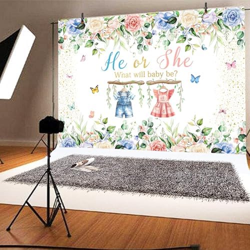 He or She Gender Reveal Background 10 x 8 ft Watercolor Flower Backdrop Large Boy or Girl Banner Newborn Baby Shower Baptism Kids Birthday Photography Props Decoration Polyester - Image 6