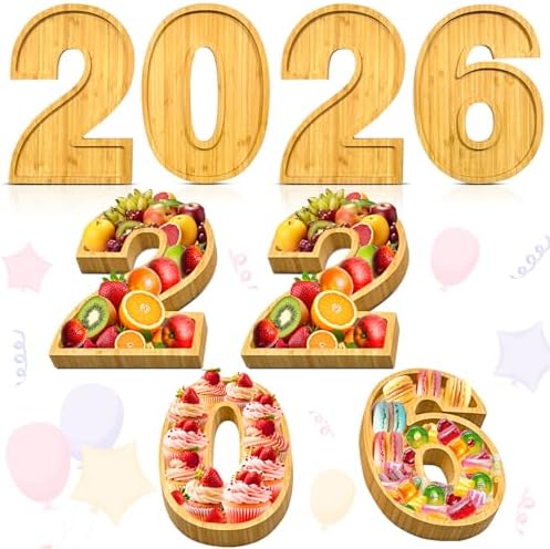 4 PCS 2026 Charcuterie Boards Wooden Numbers Fillable Boxes Reusable Wedding Serving Tray for Party Centerpieces Decoration Back to School Decor Platter for Birthday Grad Baby Shower Tabletop Supply by Easma