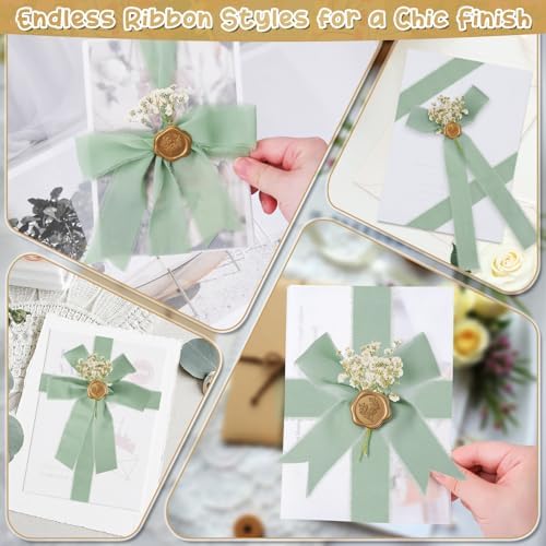 Hysagtek 50 Set Wedding Invitation Wrap Kit - Pre-Folded Vellum Jackets Bulk for 5 x 7 Invitations, Chiffon Ribbon Gold Wax Seal Stickers Dried Gypsophila for Bridal Invite Baby Shower DIY Craft - Image 7