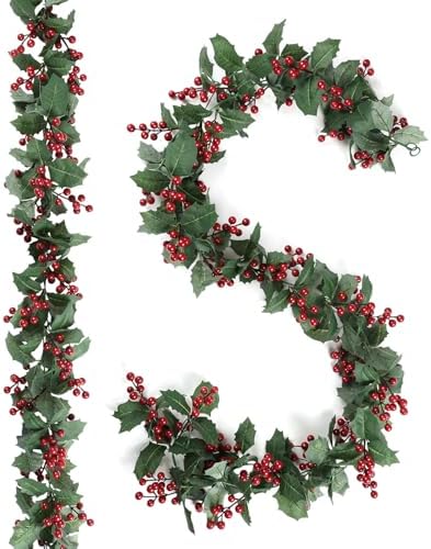Findosom Total 12.4FT Christmas Garland for Mantle, 2PCS Flexible Red Berry Garland with Leaves, Artificial Garlands for Decoration Christmas Fireplace Indoor Outdoor Home Stairs Holiday Decor by Findosom