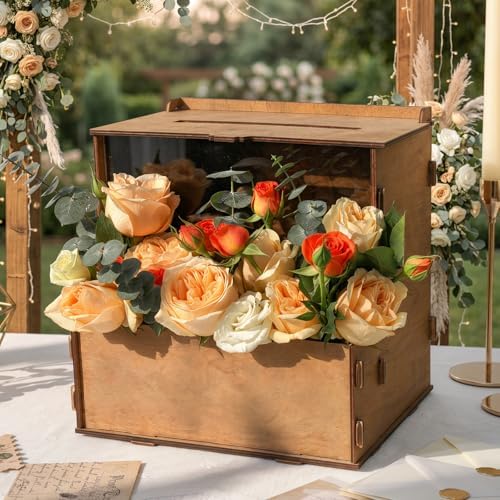 OurWarm Personalized Wedding Card Box with Names & Date Laser-Cut Engraving by OurWarm