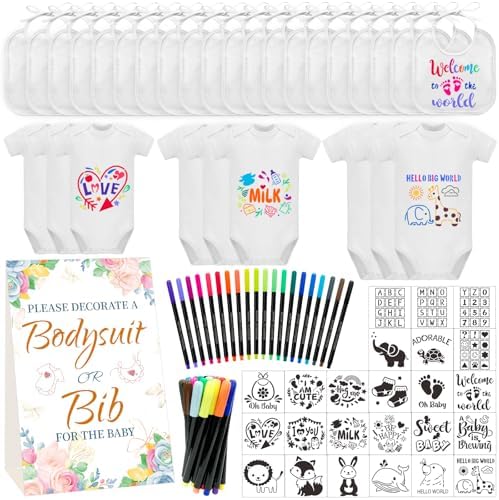 Bibs Bodysuits Baby Shower Game Sign Set Newborn Onesies Feeder Gift Fabric Marker Stencils Kit by Aisharery
