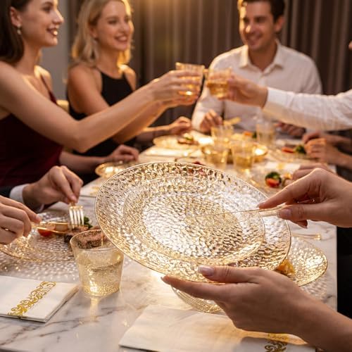 Rubtlamp 350 Pcs Gold Glitter Plastic Plates, Hammered Disposable Plates Set (50 Guests), Glitter Dinnerware Set Include 100 Plastic Plates, 150 Glitter Silverware, 50 Cups And 50 Napkins - Image 6