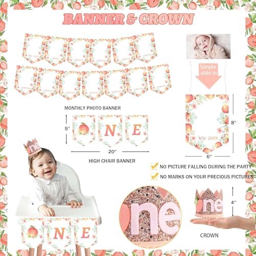 130 PCs One Sweet Peach Birthday Decorations, Fiesec Peach 1st Party Decorations Backdrop Balloon Garland Leaves Monthly Photo Highchair Banner Cake Topper Box Cutout Crown Poster Pastel Peach - Image 3