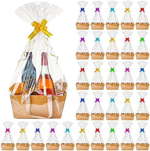 Tuanse 30 Pcs Basket for Gift Empty DIY Bulk Gift Basket Kit with Handle Kraft Cardboard Tray with 30 Bag 30 Bow Market Tray for Wedding Party, Brown, 12.6 x 9.8 x 5.9 in by Tuanse