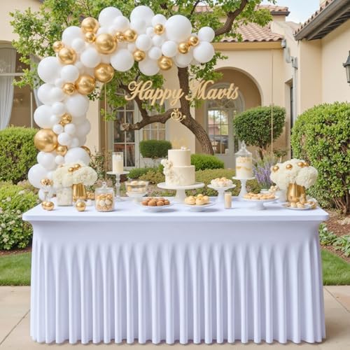 NSSONBEN 8 pk White Spandex Tablecloth 6ft, Wrinkle Free High Stretch Fitted Tablecloths for 6 Foot Rectangle Tables, Elastic Spandex Table Covers 6ft with Pleats Skirt for Party Wedding Banquet - Image 6