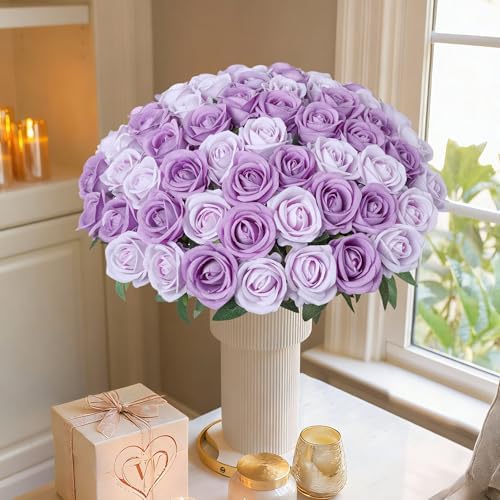 50 PCS Purple Roses Artificial Flowers, Fake Roses with Stem Realistic Silk Roses for DIY Wedding Bouquets Table Centerpieces Arrangements Baby Shower Birthday Home Decor Valentine's Day Gift for Her - Image 3