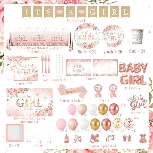 Baby Shower Girl Decorations,258pcs Pink Gold Baby Shower Decorations Girl Plates And Napkins Cups Banner Backdrop Tablecloth Cake Topper Balloon For A Sweet Little Girls Is On The Way Supplies - Image 6