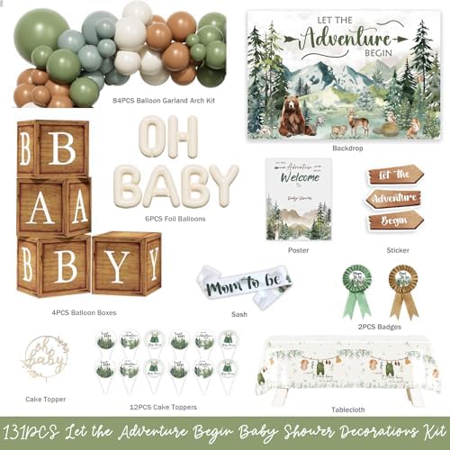 Let the Adventure Begin Baby Shower Decorations, 131 PCs Adventure Awaits Baby Shower Party Supplies with Mountain Backdrop, Balloon Garland, Mom to Be Sash for Boys Forest Woodland Party - Image 2
