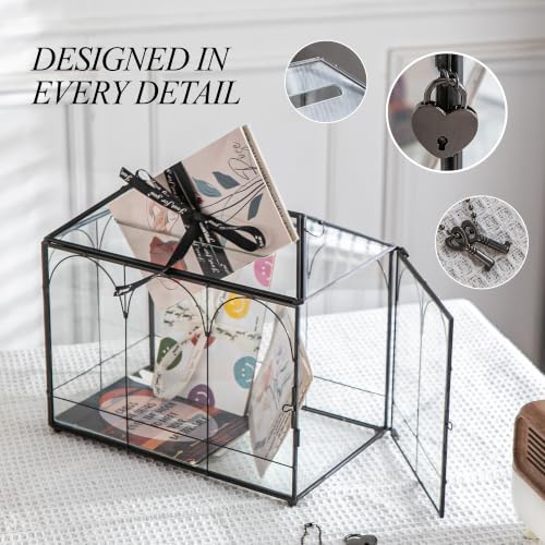 Glass Cards Box with Slot & Lock - 10.2" x 5.9" x 8" Vintage Geometric, Wedding Receptions, Home Reception, Tabletop Decor, Christmas Party, Black - Slot Length 6.1 Inches - Image 3