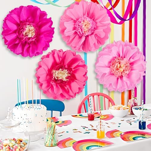 SUNBEAUTY 20inch Giant Hot Pink Orange Tissue Paper Flowers - 4 PCS Large Crepe Tissue Fiesta Flowers Spring Summer DIY Craft for Birthday Wedding Backdrop Bridal Baby Shower Nursery Wall Decorations - Image 4