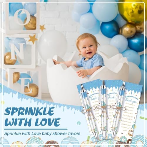 145 Pieces Donut Baby Shower Favors for Guest Sprinkled with Love Ballpoint Pens and Keychains Gifts for Boys Bulk Retractable Baby Shower Pens Gender Reveal Thank You Cards Souvenirs Prizes - Image 5