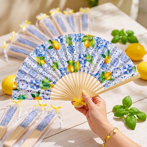 JellyArch 36 Sets Lemon Handheld Folding Fans with White Organza Bags and Yellow Bows Tile Capri Lemon Hand Fan Bulk for Wedding Guests Gift Bridal Party Decorations Church Baby Shower Supplies - Image 3