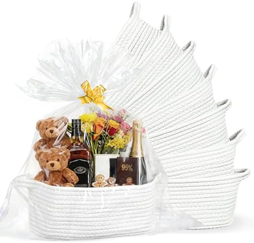 8 Pack Small Woven Baskets with Gift Bags & Ribbons & Cards, Cotton Rope Durable Storage with Handles 12"x8"x5" Empty Gift Baskets for Mother's Day, Baby Showers, Birthdays & Raffle (White) by Succwoah