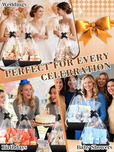 Beeplove 6 Sets Large Thick Kraft Baskets for Gifts Empty - Gift Baskets Empty Kit with Cellophane Wrap and Pull Bows for Wedding Birthday Bridesmaid Baby Shower, Black - Image 6