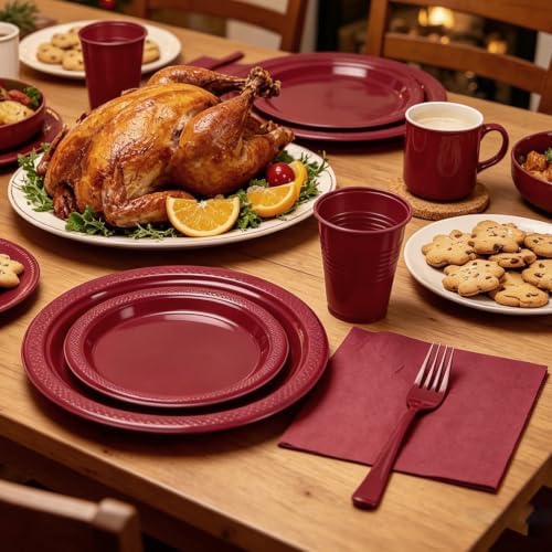 250Pcs Burgundy Plastic Party Plates and Napkins Set for Christmas,Birthday - Image 3