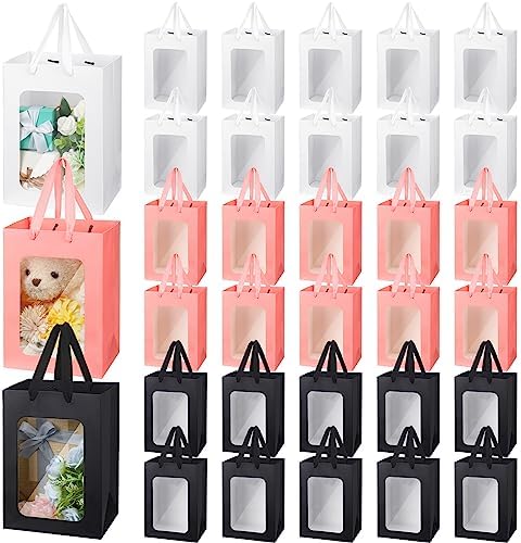 Seajan 30Pcs Mothers Day Kraft Paper Gift Bag with Transparent Window 9. 8 x 7. 1 x 5. 1 Inch Kraft Shopping Bag Bulk Flower Box with Handles for Gift Wrap Pouch for Bouquet Bridal Shopping Present by Seajan