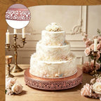 14 Inch Rose Gold Cake Stand, Round Metal Dessert Display with Ornate Filigree Lace, Dual‑Coated Premium Finish for Wedding, Anniversary & Elegant Home Decor - Image 2