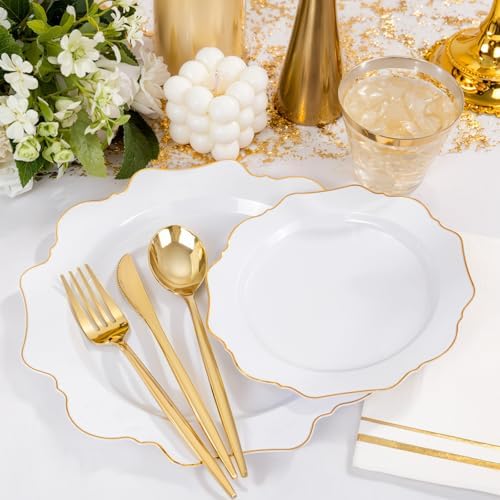 WDF 175Pcs Gold Plates Disposable - White and Gold Plastic Plates 25guest Plastic Dinnerware Ideal for Party/Wedding/First Communion - Image 6