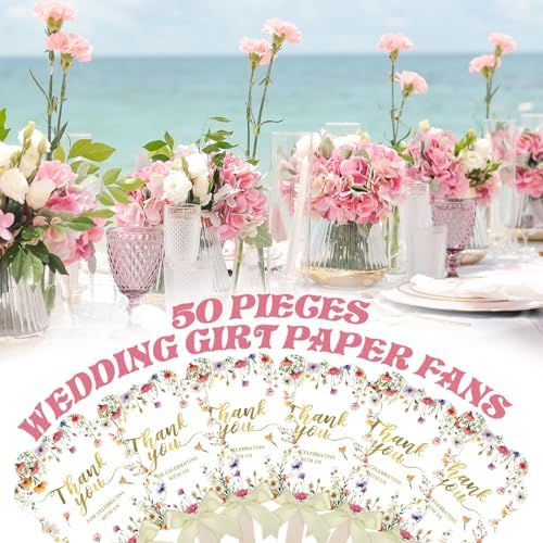Huwena 50 Sets Wedding Fans for Guests Thank You for Celebrating with Us Fans Hand Fans Handheld Folded Fan Baby Shower Favors for Bridal Bridesmaid Gift Church Dancing(Light Green,Wildflower) - Image 3