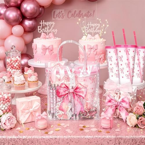 12 Sets Pink Bow Party Favors Includes 24 Oz Tumblers with Lids and Straws Pens Keychains Clear Gift Bags Coquette Aesthetic Gifts Set for Guests Bridal Baby Shower Birthday Party Supplies - Image 5