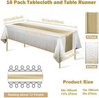 16Pack Disposable Plastic Tablecloths and Satin Table Runner Set White and Gold Dot Tablecloth Gold Satin Table Runner for Wedding Birthday Baby Shower Anniversary Christmas New Year Party Decorations - Image 2