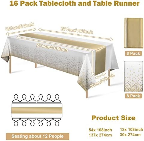 16Pack Disposable Plastic Tablecloths and Satin Table Runner Set White and Gold Dot Tablecloth Gold Satin Table Runner for Wedding Birthday Baby Shower Anniversary Christmas New Year Party Decorations - Image 2