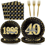 40th Theme Bithday Party Tableware Vintage 1986 Party Supplies 40 Year Old Birthday Decorations Plates Napkins Forks Black and Gold Dinnerware Favors for Men or Women by ZOIIWA