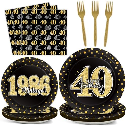 40th Theme Bithday Party Tableware Vintage 1986 Party Supplies 40 Year Old Birthday Decorations Plates Napkins Forks Black and Gold Dinnerware Favors for Men or Women by ZOIIWA