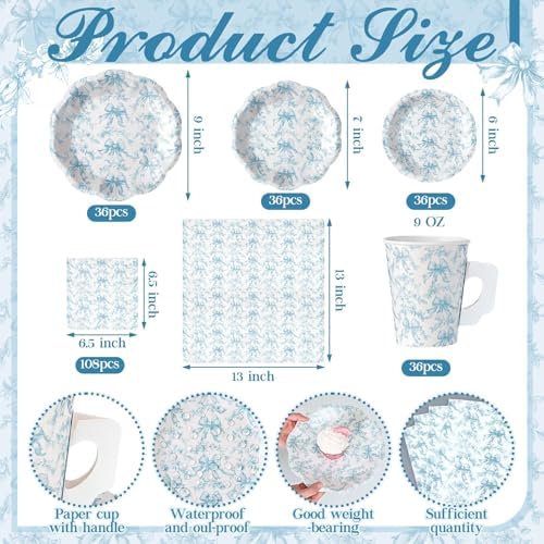 Pickmesh 252 Pcs Blue Bow Floral Tea Party Supplies for 36 Guests Flower Paper Disposable Dinnerware Flower Teacup with Handle and Saucers Set for Tea Party Decorations Birthday Baby Shower Wedding - Image 4