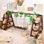 Wooden 3 Tier Cupcake Stand with Swing, String Lights, Rose Vine Decor - Image 4