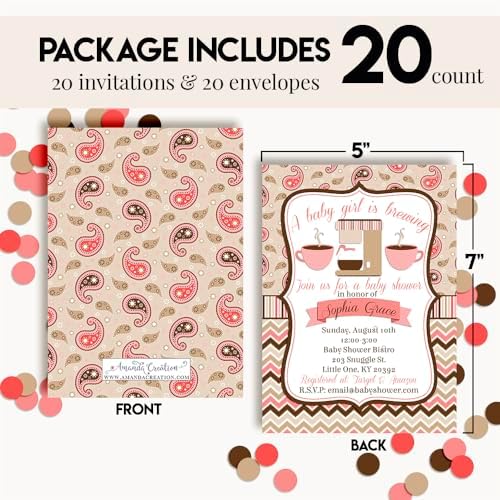 Amanda Creation 20 Custom Baby Shower Invitations with Envelopes – Personalized A Baby is Brewing Coffee Bean Themed Invite Set for Baby Girl, 5x7 Custom Cards, Made in USA - Image 4