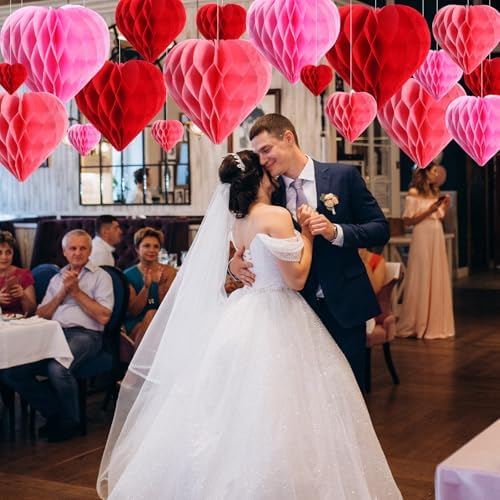 Seajan 60 Pcs Valentine Heart Honeycomb Party Decorations Red Pink White Tissue Paper Heart Shaped Pom Poms Decoration Valentine Hanging Decorations for Birthday Wedding Baby Shower - Image 5