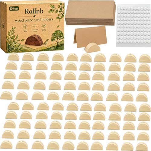 100PCS Wood Place Card Holders with Cards & Self-Adhesive, Pine Wooden Semicircular Design Table Number Name Card Stands for Wedding Baby Shower Birthday Party Menu Cafe (100, Wood color) by Rolinb