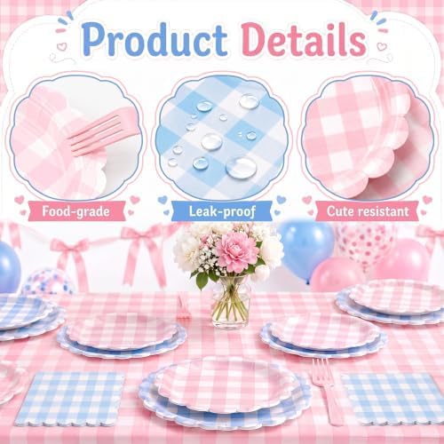 ArtSocket 162 Pack Baby Gender Reveal Party Supplies for 24 Guests, Gingham - Image 3