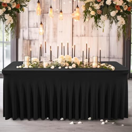 Wish Care 8 Pack Black Spandex Table Clothes for 6 Foot Rectangle Tables, 6FT Wrinkle Free Fitted Tablecloths Ruffles Design Table Cloth for Party, Banquet, Wedding and Events - Image 6