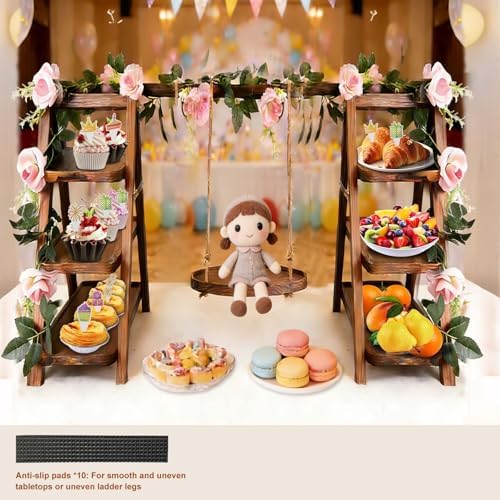 Wooden Cupcake Stand, 3 Tier Dessert Display Serving Tray with Swing and Flower Decoration, Foldable Tiered Ladders Stand for Party, Birthday, Wedding, Baby Shower, Table Food Display for Fruit Bread - Image 5
