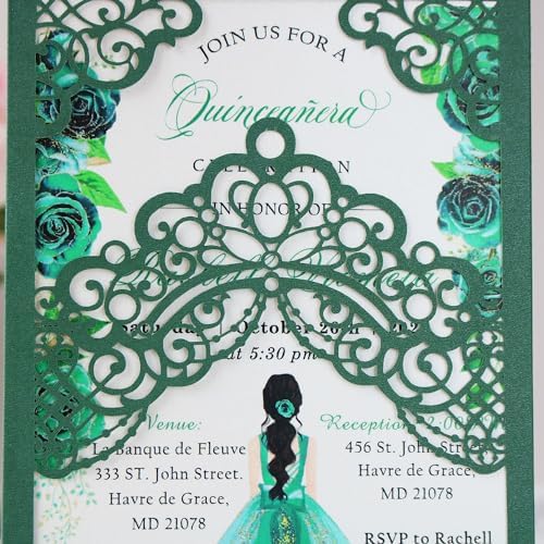 Hosmsua 50PCS Personalized Emerald Green Quinceanera Invitations Kit, 5.1x7.3 Inch Laser Cut Floral Crown Pocket Quinceanera Invitation Cards with Envelopes for Birthday Quince Anos Invite - Image 6