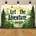 Rustic Hand Drawn Let The Adventure Begin Backdrop Sunset Mountain Pine Tree Forest Photo Background Open Book Birds Adventure Themed Boys 1st Birthday Camping Party Photography Booth Banner，B：8X6FT - Image 2