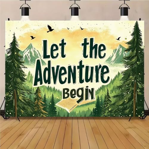 Rustic Hand Drawn Let The Adventure Begin Backdrop Sunset Mountain Pine Tree Forest Photo Background Open Book Birds Adventure Themed Boys 1st Birthday Camping Party Photography Booth Banner，B：8X6FT - Image 2