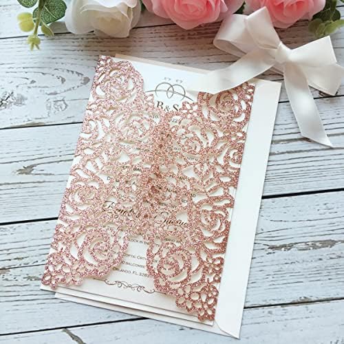 50PCS 5.12 x 7.28'' Personalized Laser Cut Hollow Rose Flower Wedding Invitations with Envelopes & Bowknot Invitation for Wedding Quinceanera Invite (Rose Gold Glitter) - Image 6